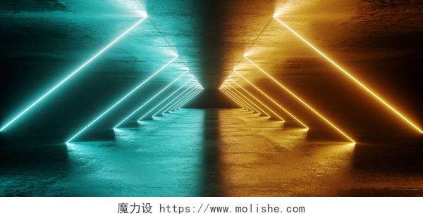 科幻片的视觉感灯光特效的渲染科幻菲克抽象未来派现代深空无纺布混凝土长走廊隧道与三角霓虹灯激光管光线发光橙色和蓝色与反射3d 渲染插图